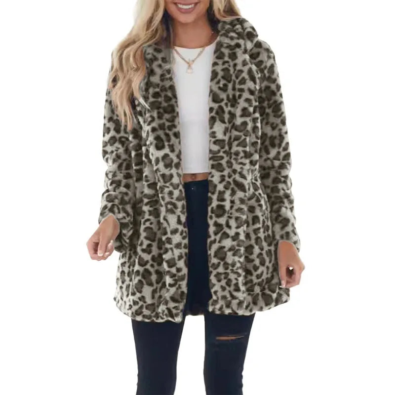 Women Winter Warm Faux Fur Coat Fashion Casual Turn-down Collar Leopard Jackets Ladies Streetwear Long Sleeve Pockets Overcoats LadyShow.Store