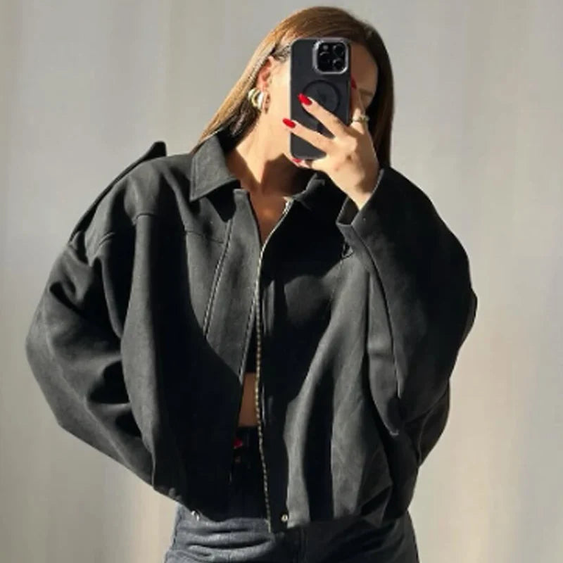 HXAO Suede Cropped Jacket Women's Bomber Jacket Oversized Batwing Sleeves Outerwears Lady Casual Loose Coat Street Style Jackets LadyShow.Store
