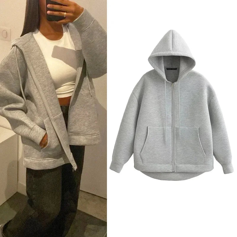 HXAO Hoodie Woman Outerwears Long Sleeve Demi-Season Women Jacket Coat Casual Sweatshirt With Zipper Grey Black Jacket Coats Pi-Mart