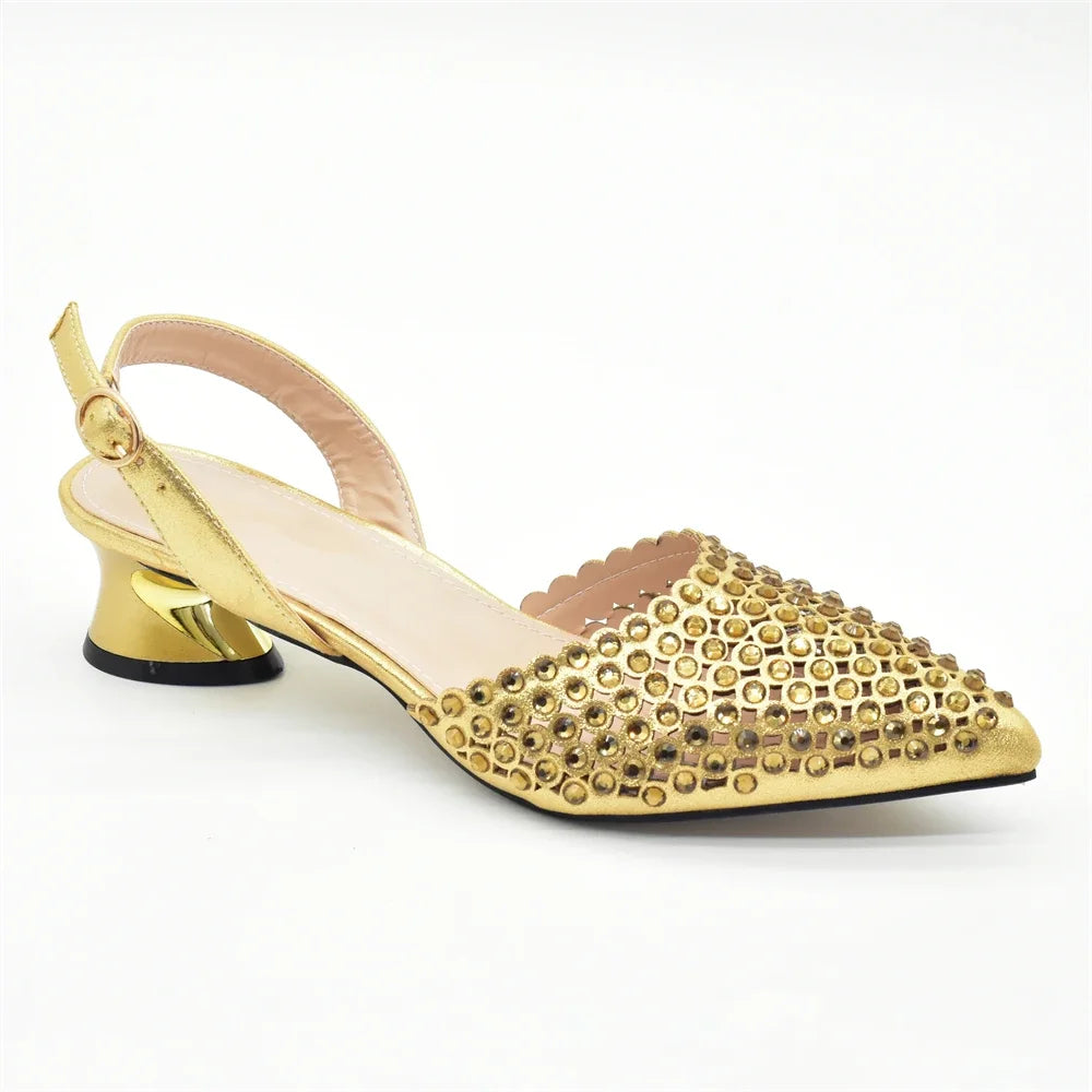 New Fashion Gold Color Shoes and Bags To Match Set Nigeria Party Women's Wedding Bag and Shoe Set Decorated with Rhinestone LadyShow.Store
