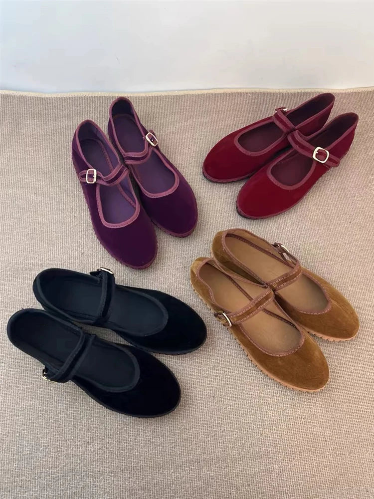 Velvet Mary Jane Shoes for Women Hand Stitch Casual Streetwear Ballet Flats Pumps Female Solid Color Red Cloth Shoes Loafers LadyShow.Store