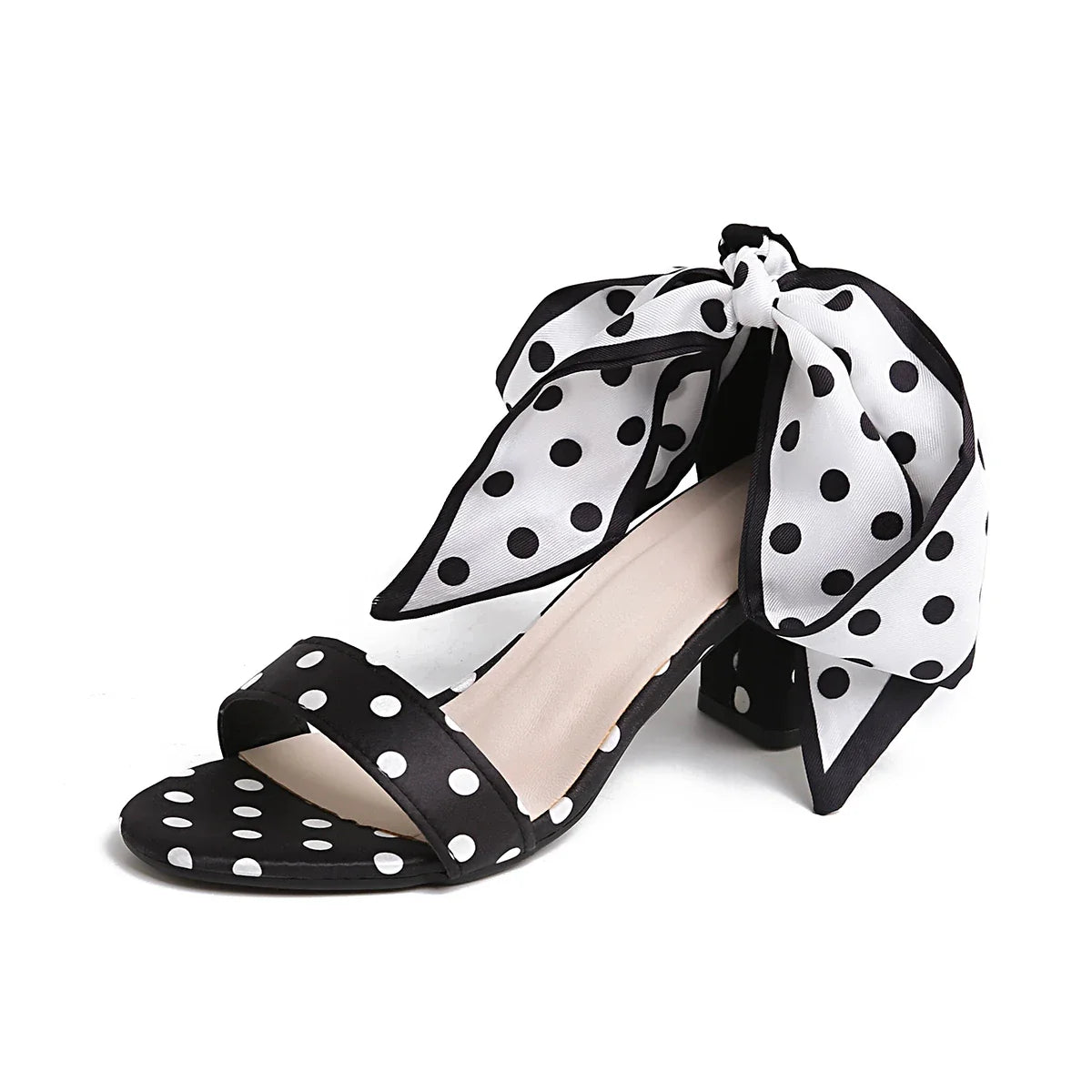 Vintage Black White Polka Dots Ankle Strap Sandals Women Summer 2026 Lace Up Bowknot High Heel Sandals Woman's Y2K 90S Shoes LadyShow.Store