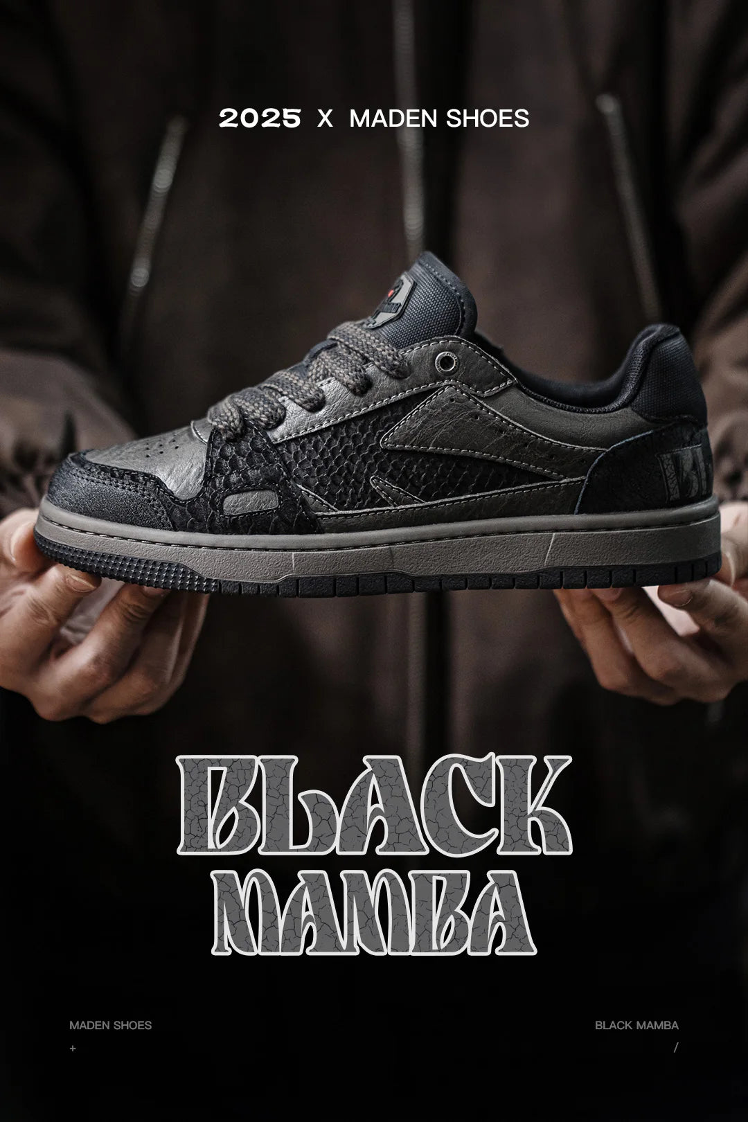 Maden Casual Snake Year Black Mamba Men's Sneakers Low-Top Flat Sole Versatile Black Shoes for Spring Autumn Skateboarding Shoes Pi-Mart