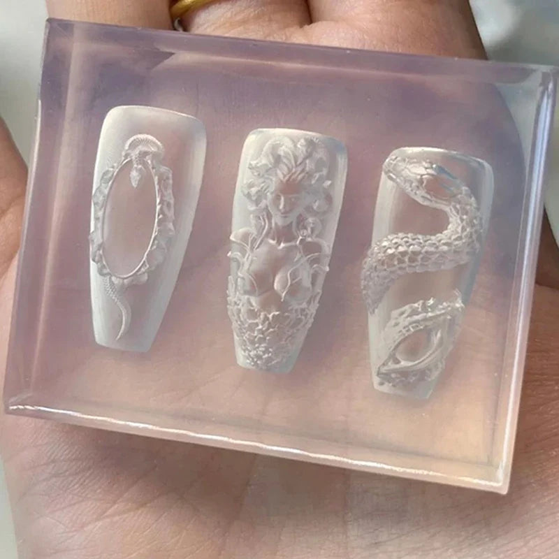 1 Pcs 3D Snake Girl Nail Silicone Carving Mold Snake DIY Nail Decoration Art Nail Beauty Charm Silicone Nail Mold Nails Products Tri Light Beauty