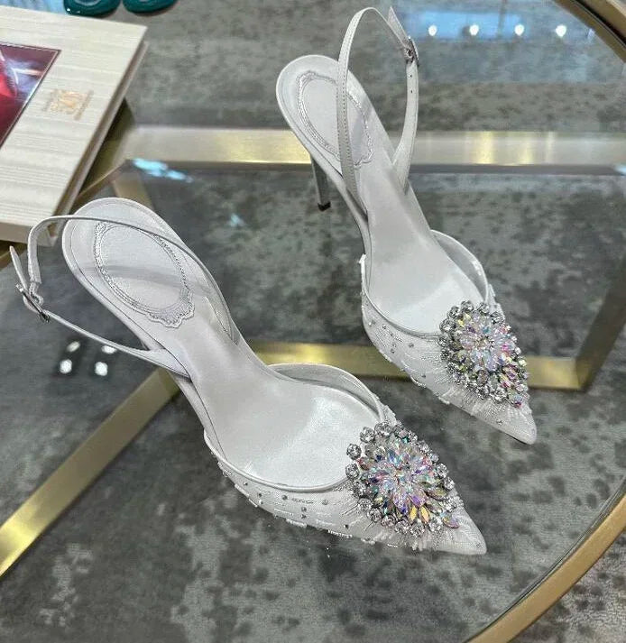 White Wedding Shoes, Rhinestone Pointed Crystal Toe Sandals, New High-heeled Shoes, Sexy Single Shoes Pi-Mart