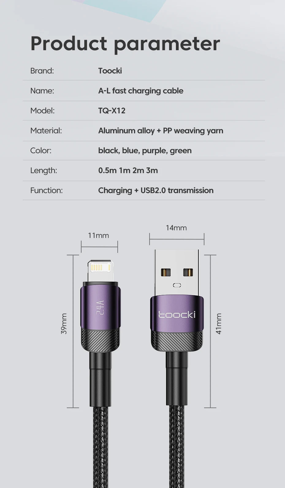 Toocki USB Cable For iPhone 14 13 12 Pro Max X XS XR 8 7 Plus iPad Fast Charging Charger Aluminum iP Cable For iPhone Data Cord Pi-Mart