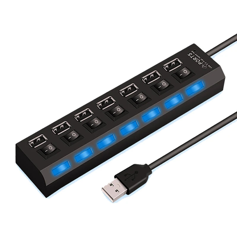 High Speed 4/7 Ports USB HUB 2.0 Adapter Expander Multi USB Splitter Multiple Extender with LED Lamp Switch for PC Laptop Pi-Mart