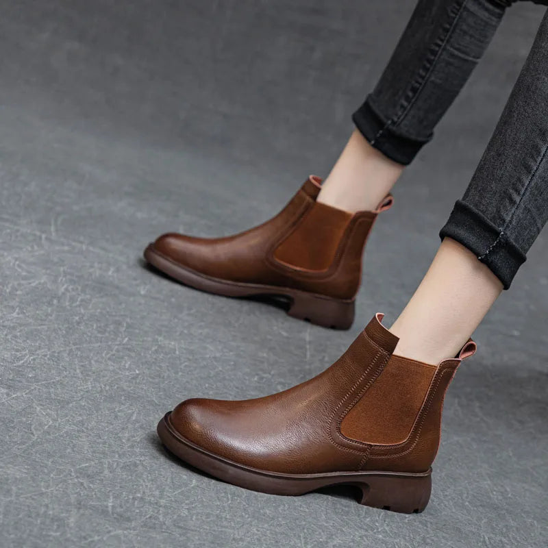 DRKANOL Fashion Women Thick Heel Ankle Boots Autumn Winter Warm Shoes Round Toe Real Cowhide British Style Slip On Chimney Boots Pi-Mart