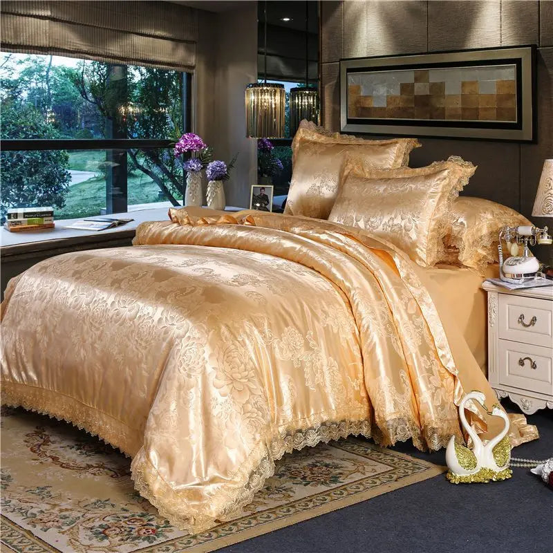 Luxury Jacquard Bedding Set Tencel Modal Duvet Cover 4PCS with Lace Satin Bed Sheet Pillowcases King and Queen Size Home Textile LadyShow.Store