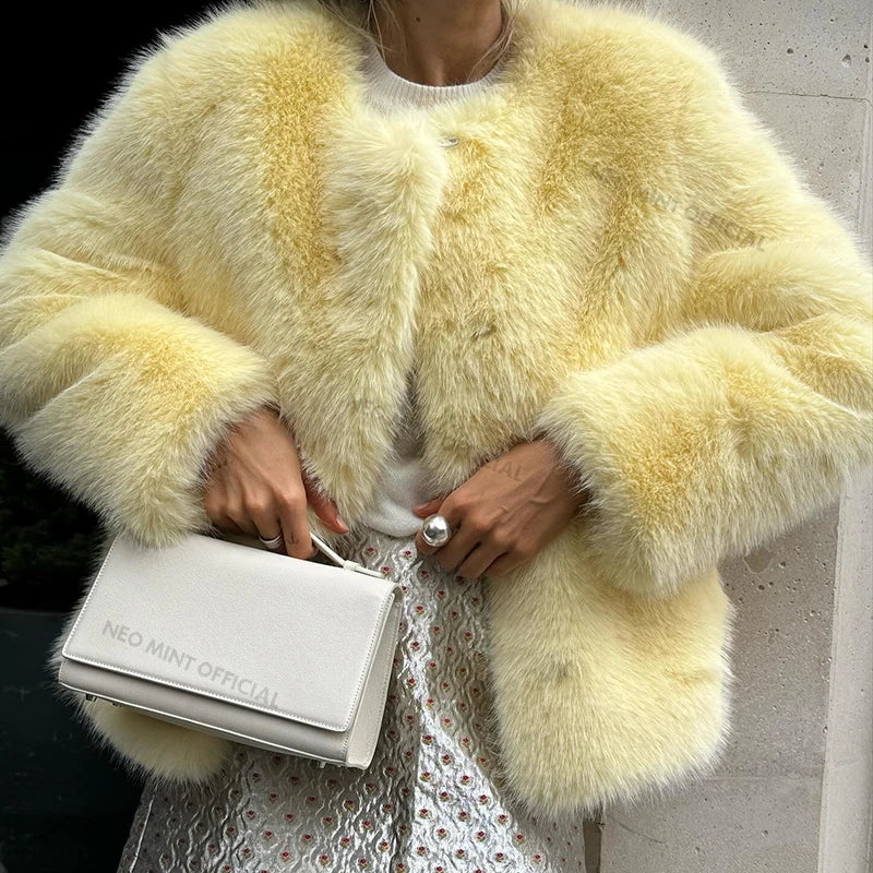 Neo Mint Cool Street Girls Winter Fashion Fluffy Fox Fur Jacket Women Casual Round Neck Faux Fur Coat Chic Thick Warm Outerwear LadyShow.Store