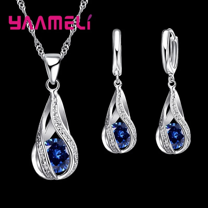 Hot Water Drop CZ 925 Sterling Silver Plated Jewelry Set For Women Pendant Necklace Hoop Earrings Wedding Party Ceremoey Anel Pi-Mart