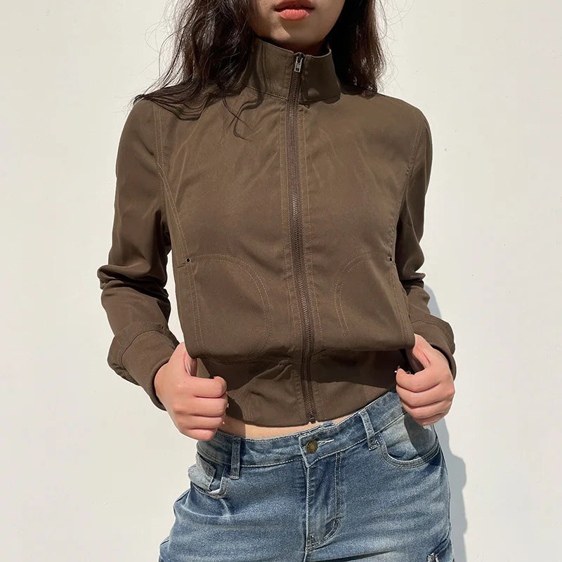 Vintage Cropped Jackets for Women Harajuku Casual Slim Fit Zipper Coat Y2K Streetwear Long Sleeve Outerwear Autumn LadyShow.Store
