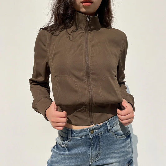 Vintage Cropped Jackets for Women Harajuku Casual Slim Fit Zipper Coat Y2K Streetwear Long Sleeve Outerwear Autumn LadyShow.Store