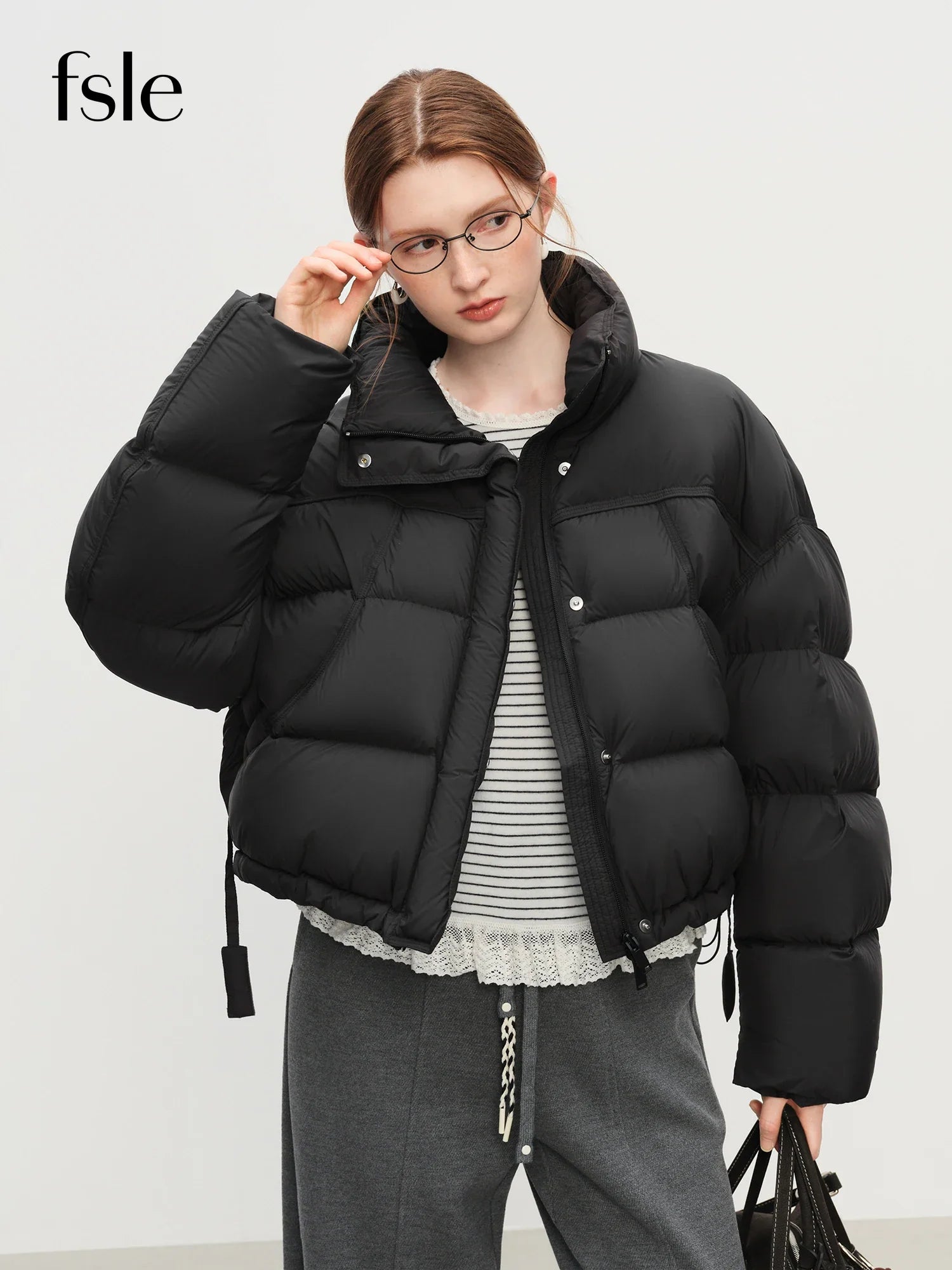 FSLE Winter 2025 Women Cloud-Like Puffer Coat - Stand Collar Short Down Jacket Lazy Chic Style Glossy Finish for Casual Comfort LadyShow.Store
