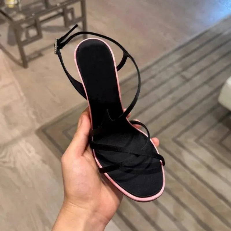 Satin Color Block Stiletto High Heels with One Belt 2025 New Summer Temperament Versatile Sandals LadyShow.Store
