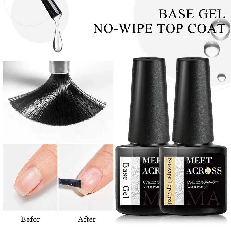 MEET ACROSS 7ml Base Top Coat Gel Polish Soak Off Semi Permanent UV Gel Nail Art Varnish Base Gel Top Coat Gel Varnish Manicure Tri Light Beauty