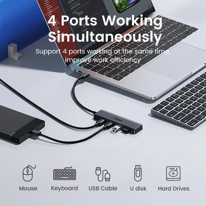 UGREEN USB 3.0 HUB 4 Ports USB-C HUB Slim for Mouse Keyboard Compatible with MacBook Pro Air Laptop Desktop PC Xbox PS5 Splitter Pi-Mart