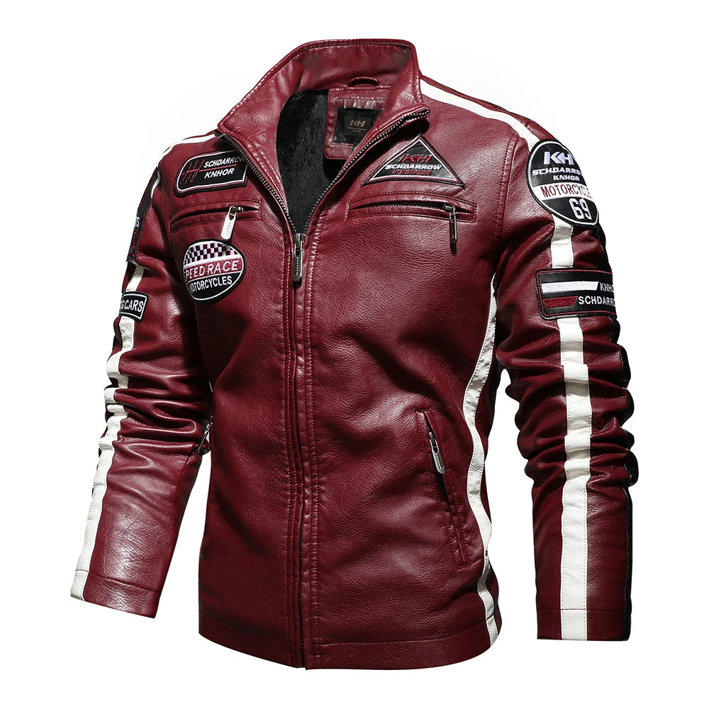 Mens Vintage Motorcycle Jacket 2024 Men Fashion New Biker Leather Jacket Male Embroidery Bomber Coat Winter Fleece Pu Overcoat Pi-Mart