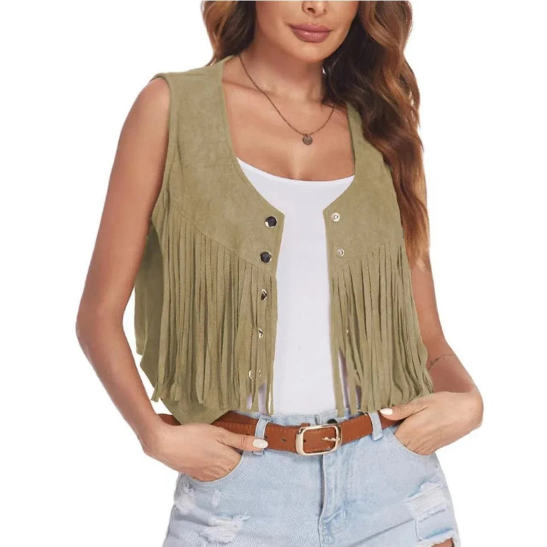 Women Faux Suede Ethnic Sleeveless For Jacket Rivet Fringe Tassels Hippie Open Front Cardigan Vintage Cowgirl Waistcoat Vest LadyShow.Store