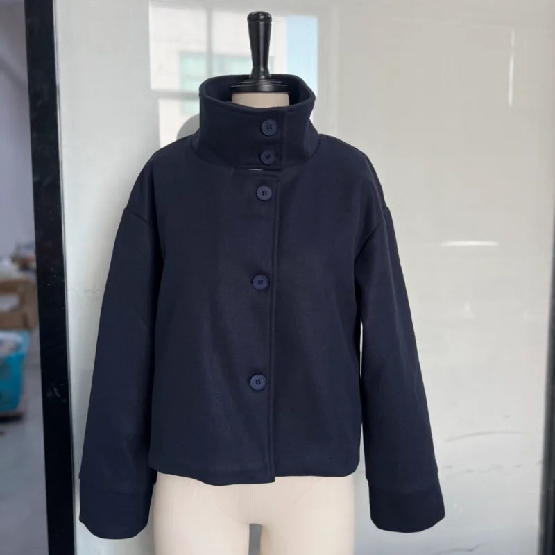 Fashion Short Woolen Coat For Women Stand Collar Full Sleeve Loose Zipper Jacket Female 2025 Spring Autumn Solid Lady Outwear LadyShow.Store