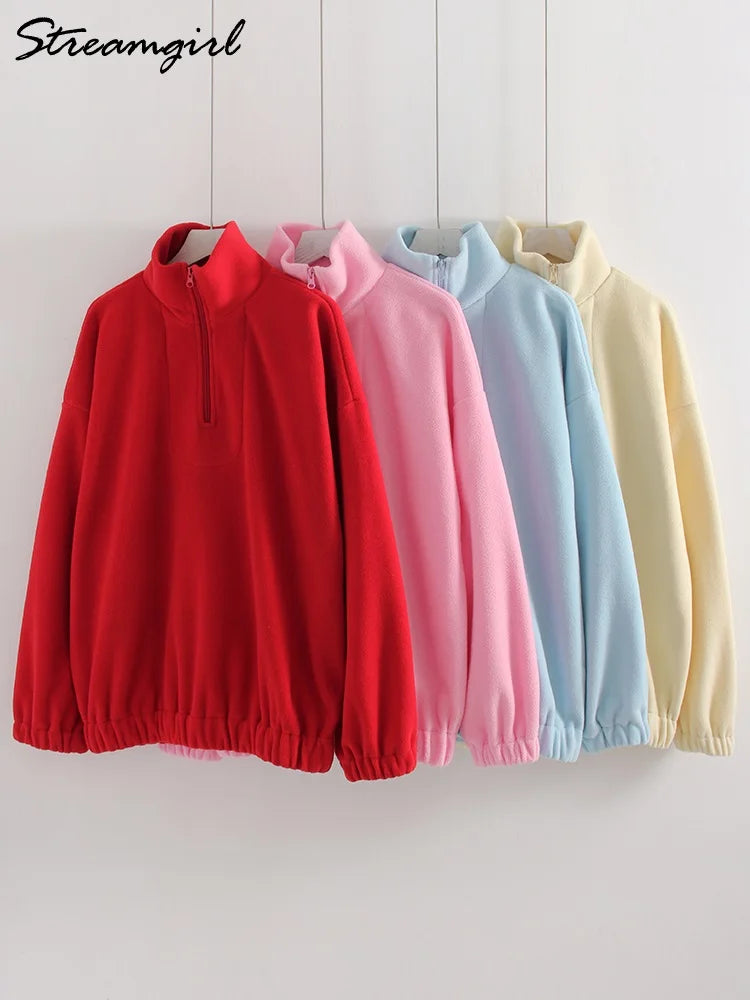 Women Velvet Sweatshirts With Half Zipper Long Sleeve Pink Warm Pullover Female Loose Yellow Sweatshirts For Women Zip Blue Tops LadyShow.Store