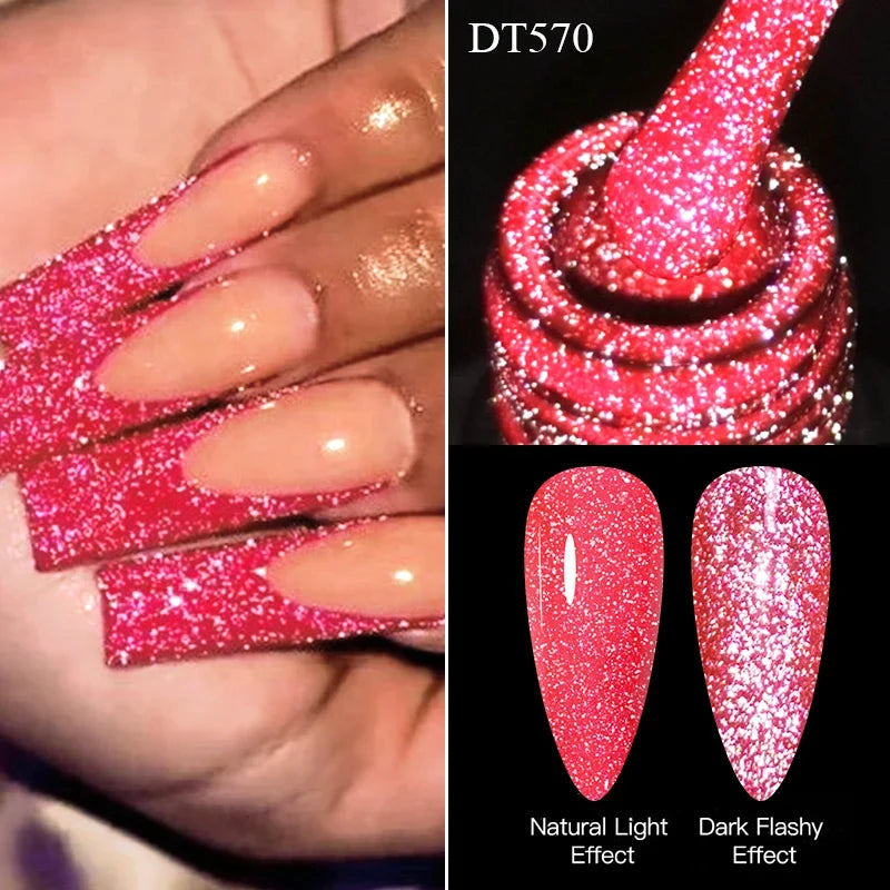 MEET ACROSS 7ml Pink Fluorescent Reflective Gel Nail Polish Glitter Neon Semi Permanent UV LED Gel Nail Art Varnish Manicure Tri Light Beauty