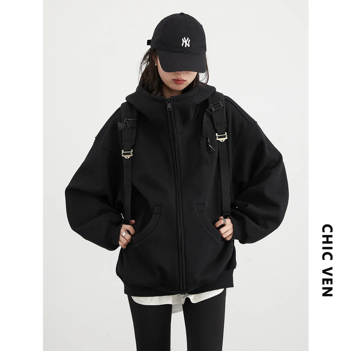 CHIC VEN Women Sweatshirts Loose Casual Hooded Long Sleeves with Plush Sweater Double Zipper Oversize Coat Spring Autumn 2026 LadyShow.Store