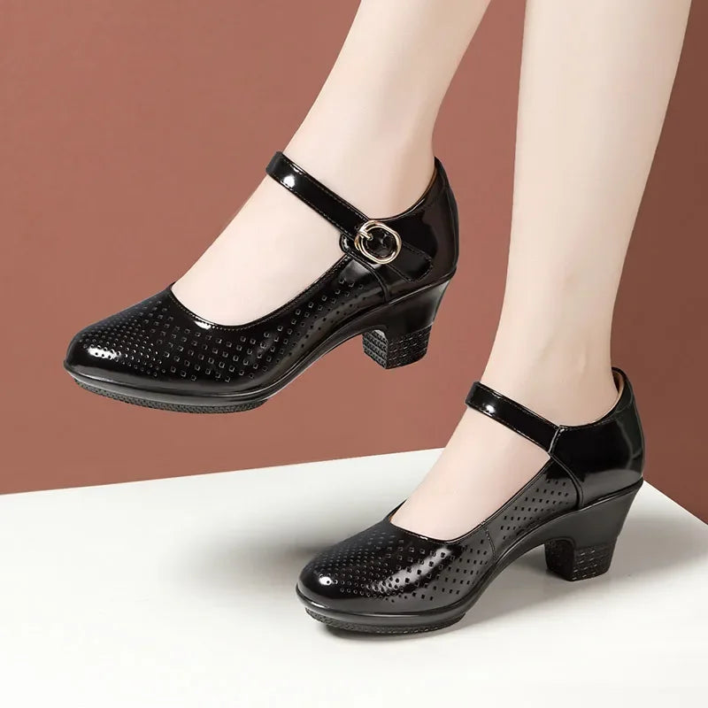 5.5cm 7.5cm Small Size 33 Breathable Cutout Block Heels Shoes Mary Janes 2026 Soft Leather Platform Pumps for Mom Dance Model Pi-Mart