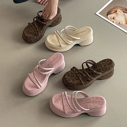 Summer Platform Heel Women Slippers Fashion Open Toe Narrow Band Slide Ladies Elegant Street Style Shoes Fashion Sandals Slides LadyShow.Store