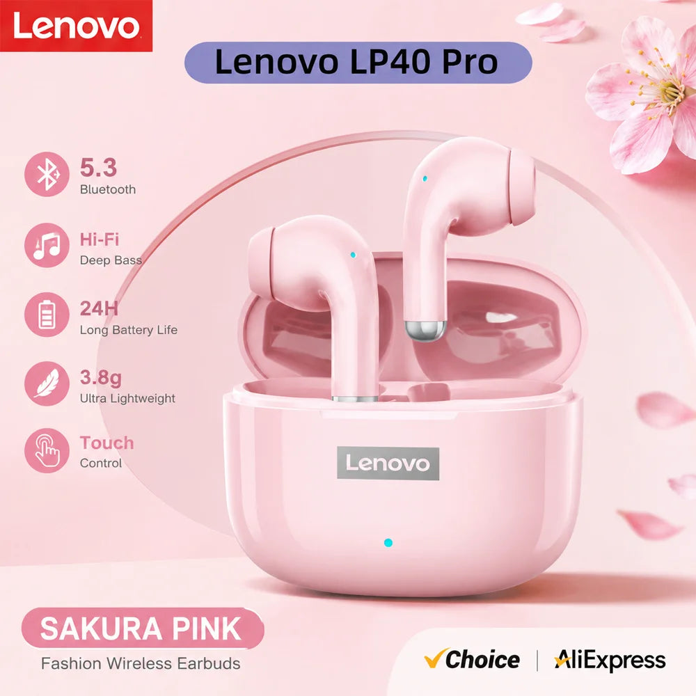 Lenovo LP40 Pro TWS Bluetooth 5.4 Wireless Headphones HiFi Stereo Earphones Gaming Sports Touch Control HD Call With Mic Earbuds Pi-Mart