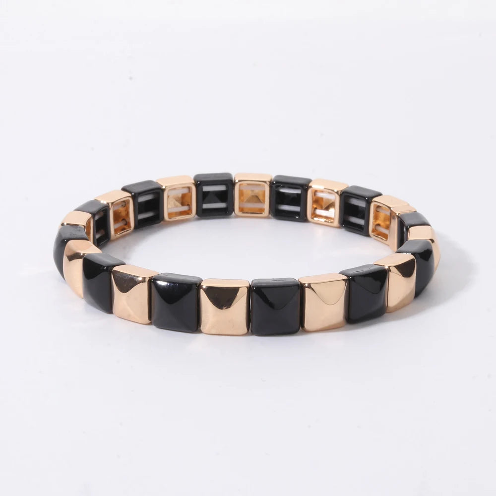2026 New Black Gold Color Beaded Bangle for Women and Men Handmade Elastic hand Wrist Bracelets Pi-Mart