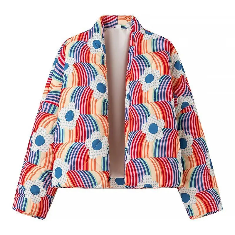 Rainbow Floral Print Winter Cotton Coat Women Chic Casual Cardigan Vintage Harajuku Autumn Puffer Jacket Quilted Streetwear New LadyShow.Store