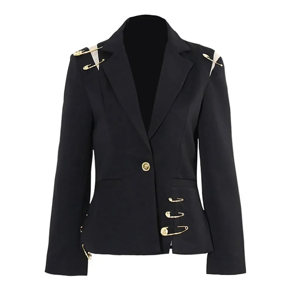 VGH Chic Spliced Metal Pin Slimming Blazer for Women Notched Collar Long Sleeve Patchwork Mesh Hollow Out Fashion Jacket Female LadyShow.Store