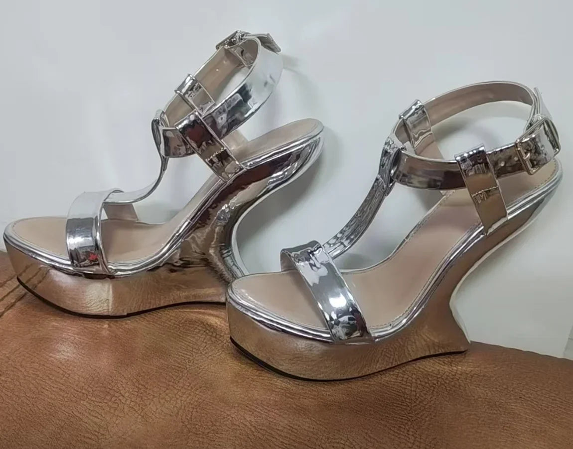 Strange Style Women Metal Color Woman Summer Platform Sandals Sexy Hoof Heel Ankel Buckle Strap Open Toe Shoes High Quality LadyShow.Store