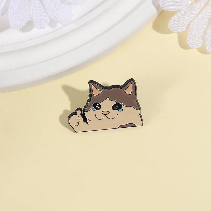 Thumb Up Crying Cat Enamel Pin Kawaii Humorous Animal Brooch Lapel Backpack Badge Funny Jewelry Gifts For Cat Lovers Friends Pi-Mart