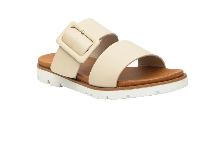 Adjustable Square Buckle Women Slide Sandals Two Strap Platform Slippers Low Heel Soft Sole Summer Open Toe Walking Casual Shoes Pi-Mart