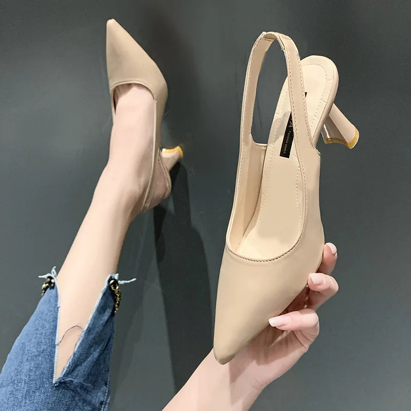 Summer Fashion New Breathable Pointed Toe Stiletto Heel PU Comfortable and Elegant Women's Shoes Shallow Mouth Sexy Sandals Pi-Mart