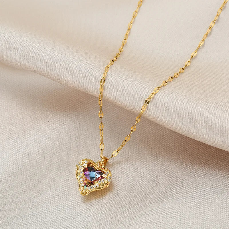 Top Luxury Colorful Crystal Ocean Heart Pendant Necklace For Women Trendy 316L Stainless Steel Jewelry Female Wedding Neck Chain Pi-Mart