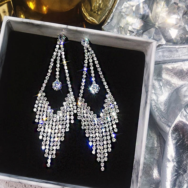 Shiny Crystal Zircon Long Stud Earrings for Women Geometric Hanging Drop Tassel Earring Fashion Party Vintage Pendant Jewelry Pi-Mart