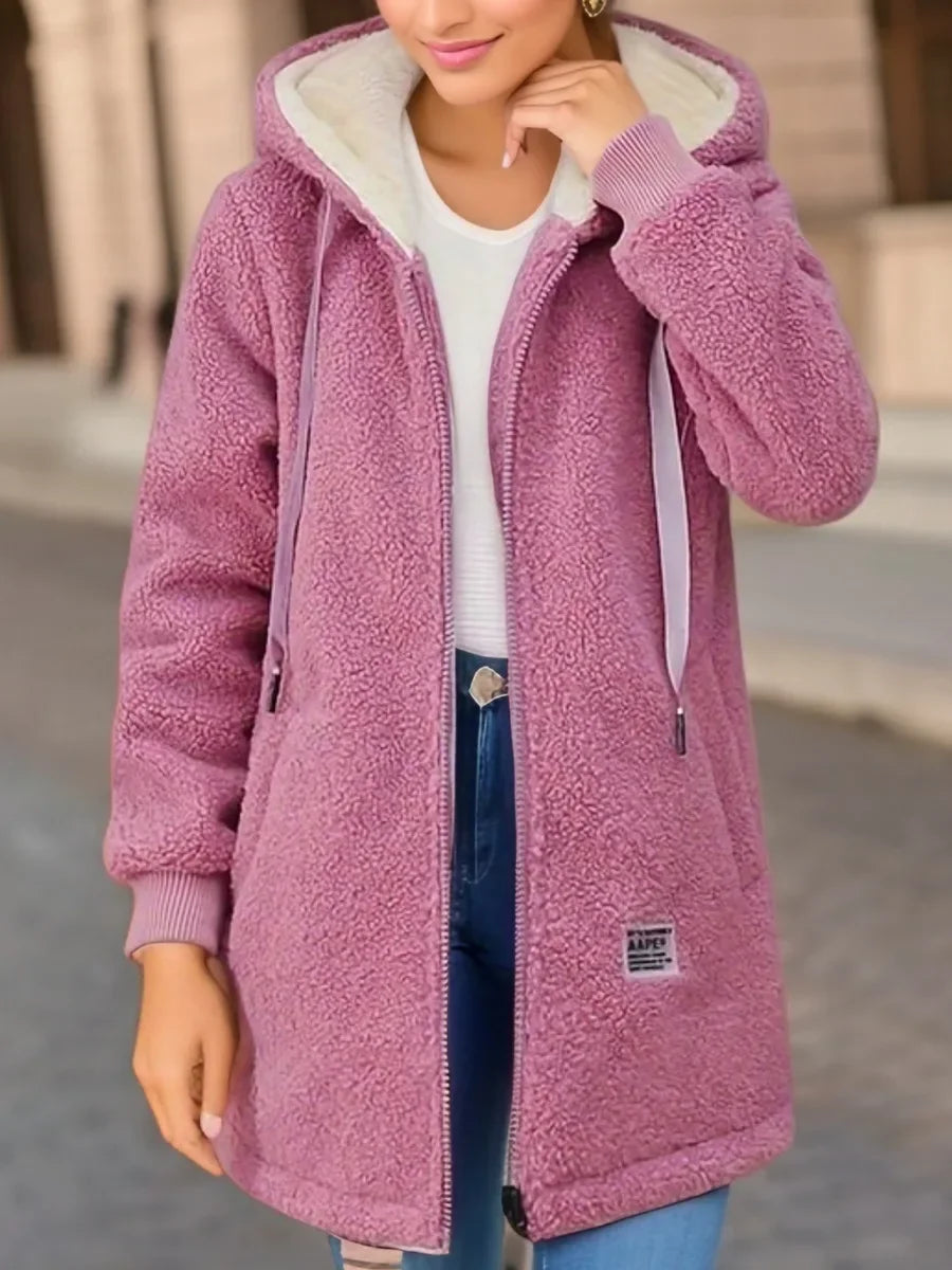 Women's Hooded Top  Winter Coat Thickened Fleece-lined Sweatshirt Cardigan Winter Trendy New Style Lamb Wool Jacket Ladies Pi-Mart