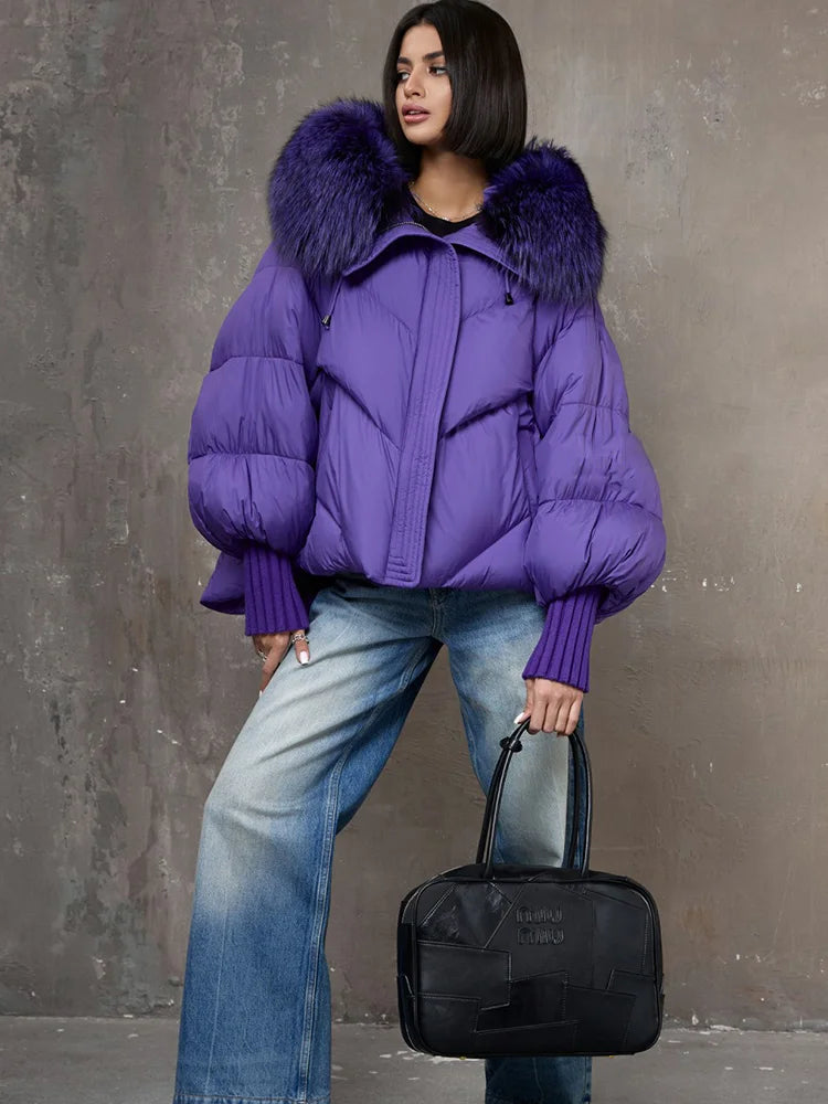 Women Winter Goose Down Jackets Real Fox Fur Collar Hooded Thick Natural Raccoon Fur Female Outwear Warm Loose Puffer Coats LadyShow.Store