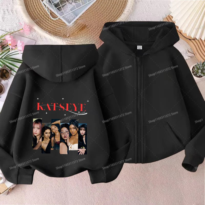 Fashion K POP K-KATSEYE Thin Jacket Cute Printed Coat Girls Sports Clothe Outdoor Workout Casual Top Trendy Birthday Kids Gifts Pi-Mart