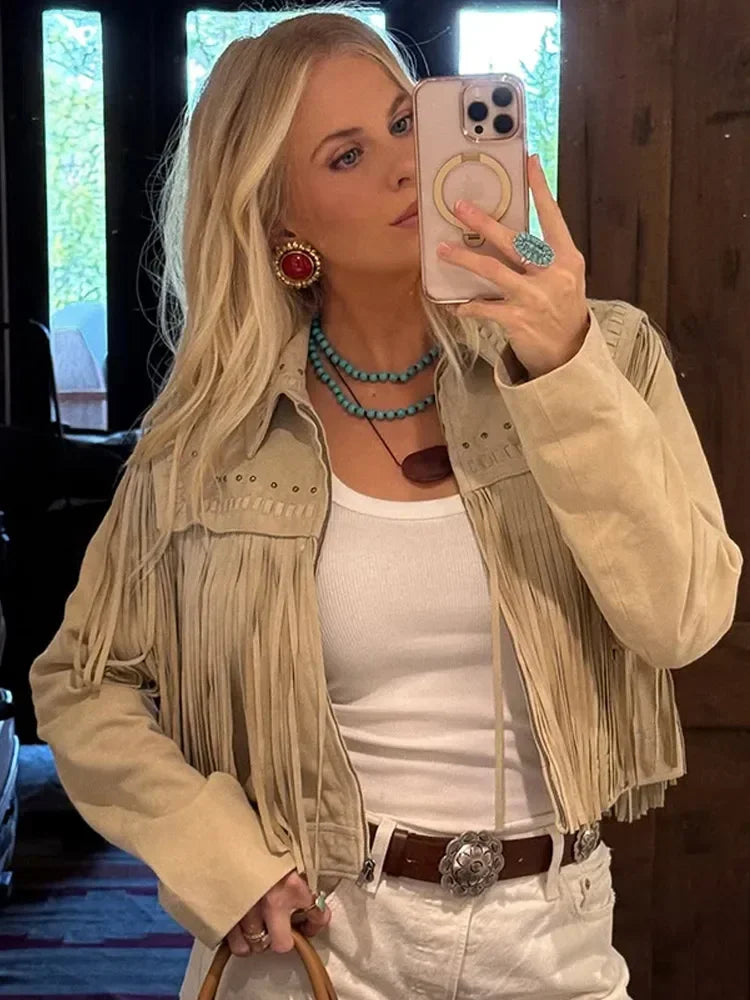 Short Pu Suede Jacket Women Fashionable New 2025 Long Sleeve Tassel Lapel Collar Cropped Slim Coat Lady Street New Outerwear LadyShow.Store