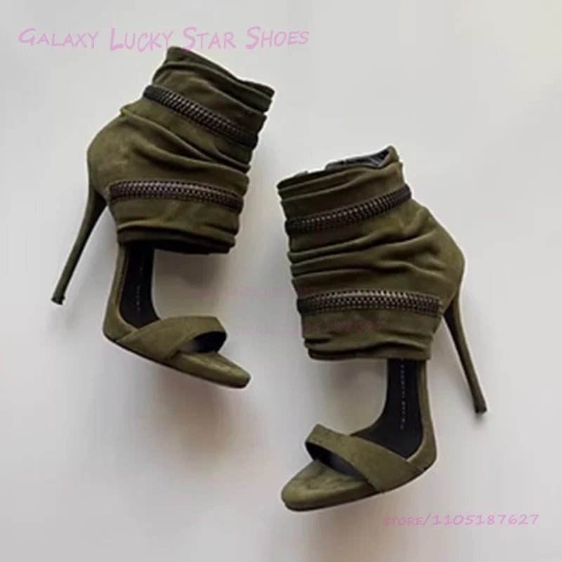 Dark Emerald Green Suede Ankle Wrap Sandals Women Open Stiletto Heel Round Toe Hot Chick Heels Metal Zip Cool Street Style Shoes LadyShow.Store