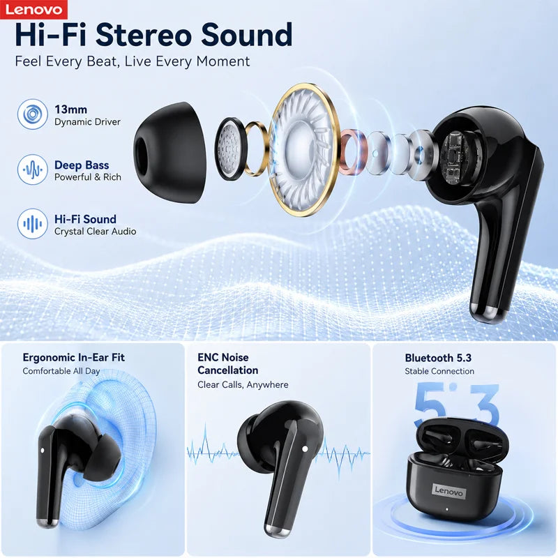 Lenovo LP40 Pro TWS Bluetooth 5.4 Wireless Headphones HiFi Stereo Earphones Gaming Sports Touch Control HD Call With Mic Earbuds Pi-Mart