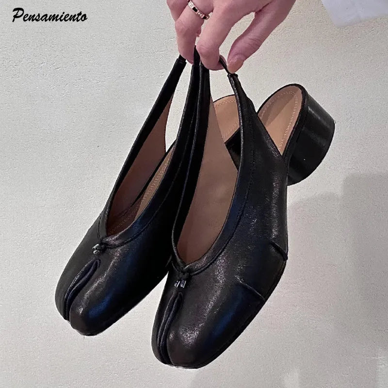 2025 Spring Summer Fashion Soft Leather Split Toe Women Pumps Casual Comfortable 3.5cm Low Heeled Slingbacks Tabi Ballet Shoes LadyShow.Store