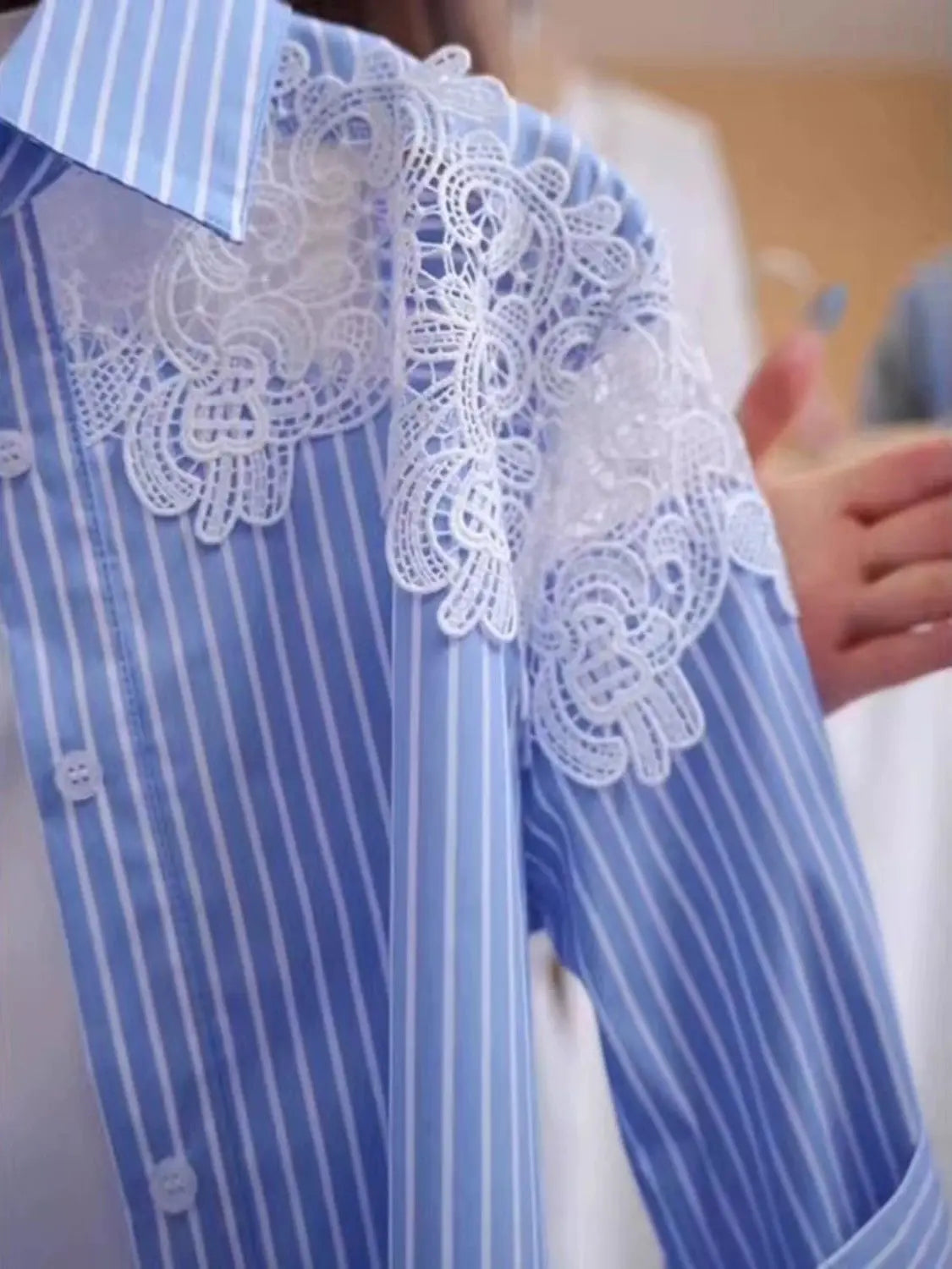 Lace Hook Splicing Polo Neck Striped Women Shirt Spring New Loose Jacket Top LadyShow.Store