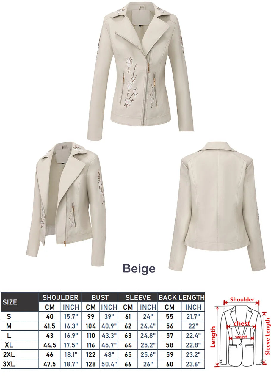 New Fall Women's Black Faux Leather Jacket; White Floral Embroidered PU Coat; Dark Brown Motorcycle-style Top. Pi-Mart