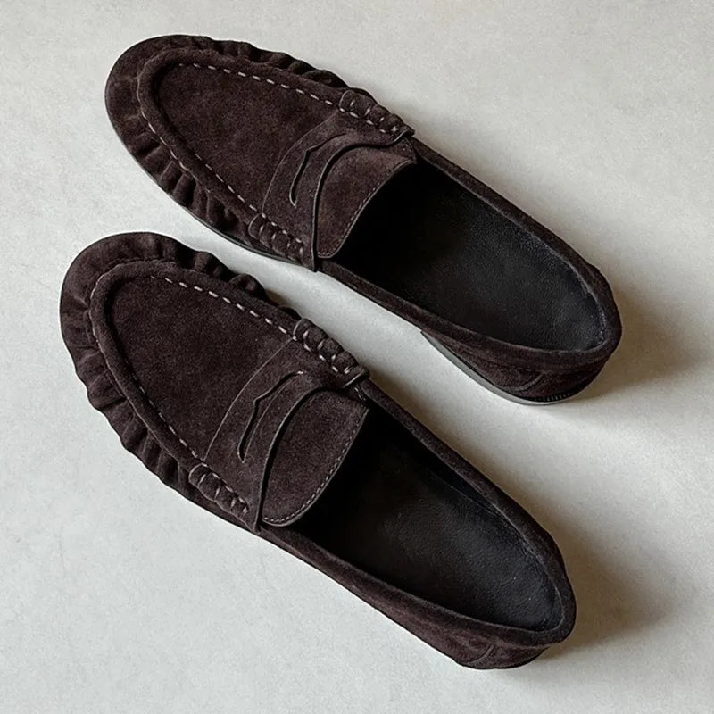 Lady Loafers 2026 Model Handcrafted Retro Pleated Single Shoes for Women, Women's Low-Heeled Leather Suede Shoes Pi-Mart