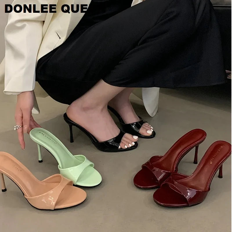 2026 Fashion Sexy Thin High Heels Slides Women Open Toe Pumps Slip Sandal Female Slippers Mule Patent Leather Outdoor Flip Flops LadyShow.Store